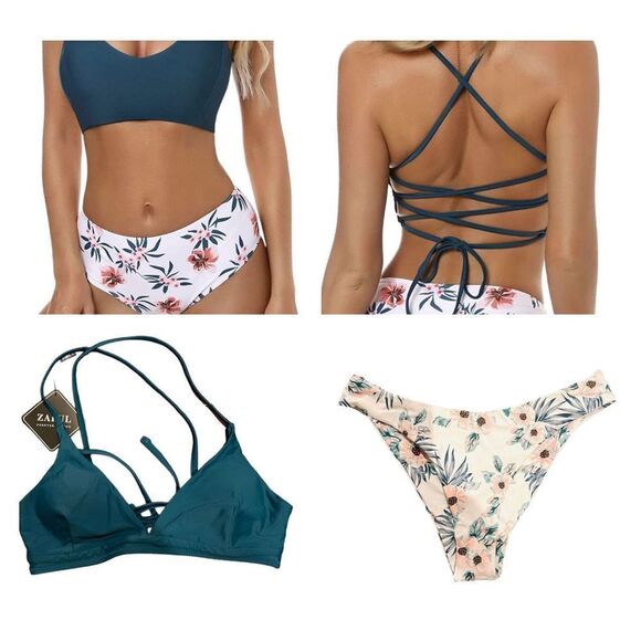 ZAFUL Women's Floral Print High Cut Crossback Lace-Up Bikini - Picture 6 of 17